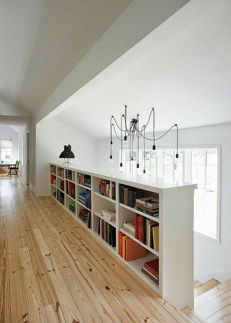 Low Bookshelves, Top Of Stairs, Shelf Decor Bedroom, Bookshelves In Bedroom, Pony Wall, Apartment Entryway, Half Walls, Stairs Design Modern, Modern Farmhouse Design