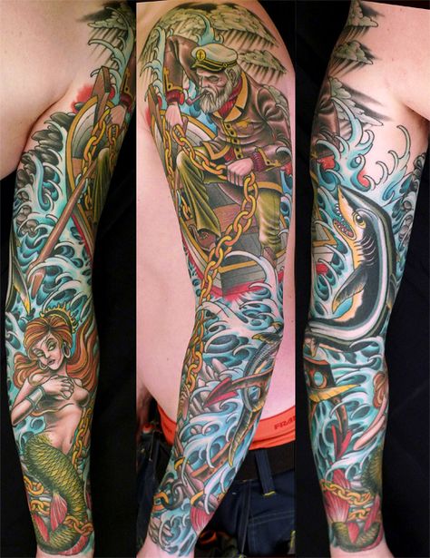 Colour Sleeve Traditional Wave Tattoo, Sea Waves Tattoo, Waves Tattoo Design, Wave Tattoo Sleeve, Traditional Nautical Tattoo, Nautical Sleeve, Mermaid Sleeve Tattoos, Nautical Tattoo Sleeve, Sleeve Filler