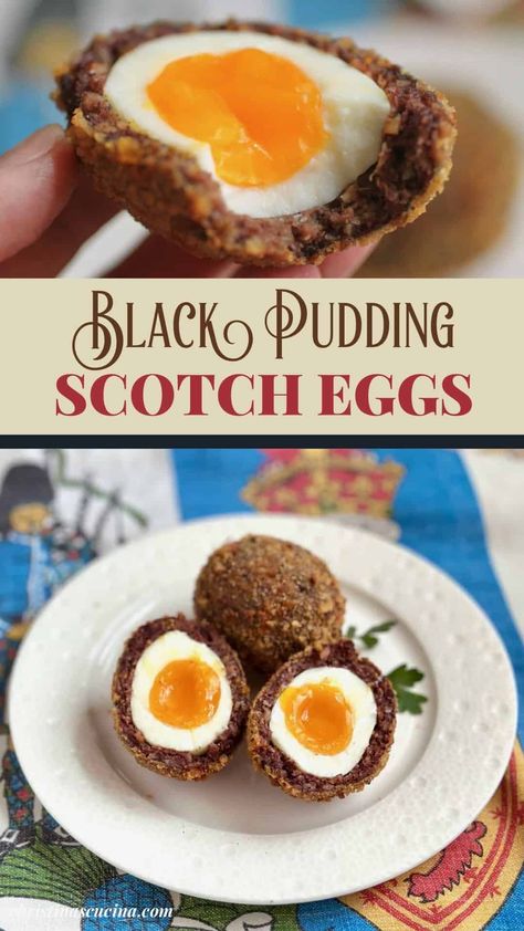 Black pudding Scotch eggs are a sublime hard-boiled (or soft-boiled) eggs wrapped with black pudding, coated in breadcrumbs and deep fried! Black Pudding Recipe Meals, Black Pudding Recipe, Traditional Scottish Food, Superbowl Food, Great British Food, Scottish Food, Welsh Recipes, Christmas Baking Cookies, British Recipes