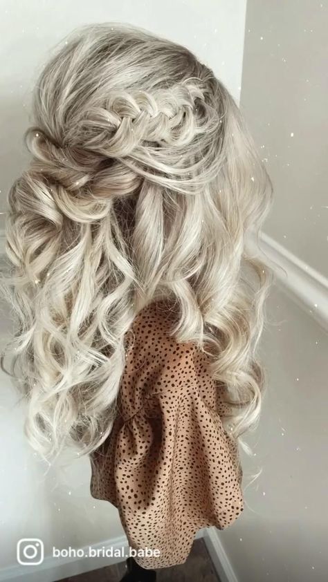 Beautiful half do [Video] in 2022 | Bride hairstyles, Hair styles, Wedding hairstyles Half Up Had Down Wedding Hair, Prom Long Hairstyles Half Up, Nice Prom Hairstyles, Half Up Do For Prom, Long Hair Engagement Styles, Bridal Wedding Hair Half Up Half Down, Boho Bride Hair Up, Maid Of Honor Hairstyles For Long Hair Down, Messy Beach Wedding Hair