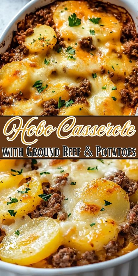 A top-down view of Hobo Casserole with golden potatoes, melted cheese, and seasoned beef. Supper With Potatoes, Easy Delicious Dinners Ground Beef, Potato Turkey Casserole, Ground Beef Recipes Dairy Free Dinners, Easy Family Dinners On A Budget, Quick Easy Ground Beef Meals, Healthy Meal With Potatoes, Oven Hobo Dinner, Dinner Recipe With Hamburger Meat