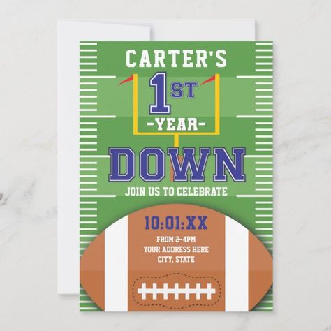 First Year Down Football Theme Blue First Birthday Invitation Blue First Birthday, Football First Birthday, Sports Birthday Invitations, Birthday Football, Boys First Birthday, Sports Theme Birthday, Football Birthday Party, Golf Event, Football Theme