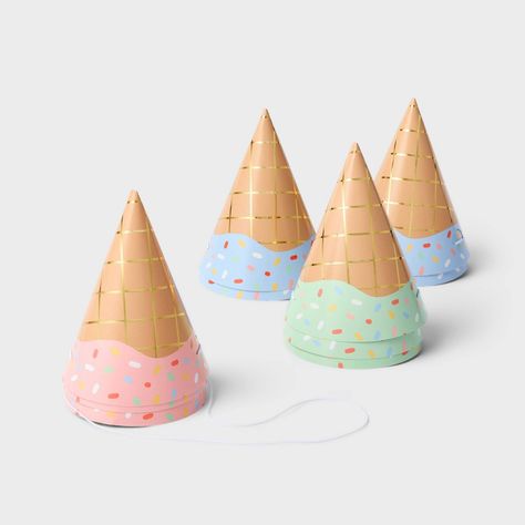 Get ready to scoop up some fun with the 10ct 5" Ice Cream Party Hats from Spritz™. These party hats feature an ice cream cone design and include elastic strings to keep them securely in place without any hassle. Ready to use straight out of the package, the 10ct 5" glittered party hats gold from Spritz™ save you time and effort so you can focus on enjoying the festivities. Ice Cream Birthday Party Theme, Ice Cream Social Party, Ice Cream Party Theme, Birthday Snacks, Ice Cream Birthday Party, Ice Cream Theme, Ice Cream Social, First Birthday Party Themes, Ice Cream Birthday