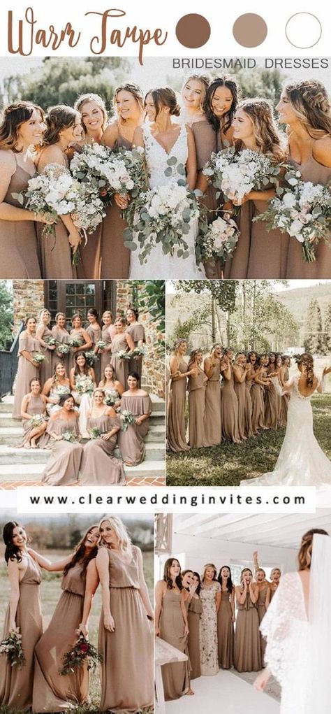 9 Fashionable Earth Tone Fall Wedding Color Palettes – Clear Wedding Invites Taupe And Greenery Wedding, Taupe Wedding Colors, Taupe Bridesmaid, Earth Tone Wedding, Taupe Wedding, Taupe Bridesmaid Dresses, Wedding Color Pallet, Fall Wedding Color Palette, Neutral Wedding Colors