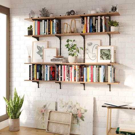 Rustic Book Shelf, Rustic Shelves Kitchen, Long Floating Shelf, Track Shelving, Floating Shelves Books, Adjustable Bookshelf, Wall Bookshelf, Long Floating Shelves, Floating Shelves Bedroom