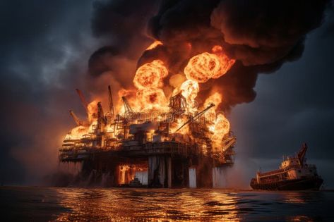 Fire on an oil rig in the sea or ocean stock photos Vis Dev, Environmental Pollution, Oil Rig, Visual Development, Sea And Ocean, Health And Safety, Pollution, The Sea, Art Ideas