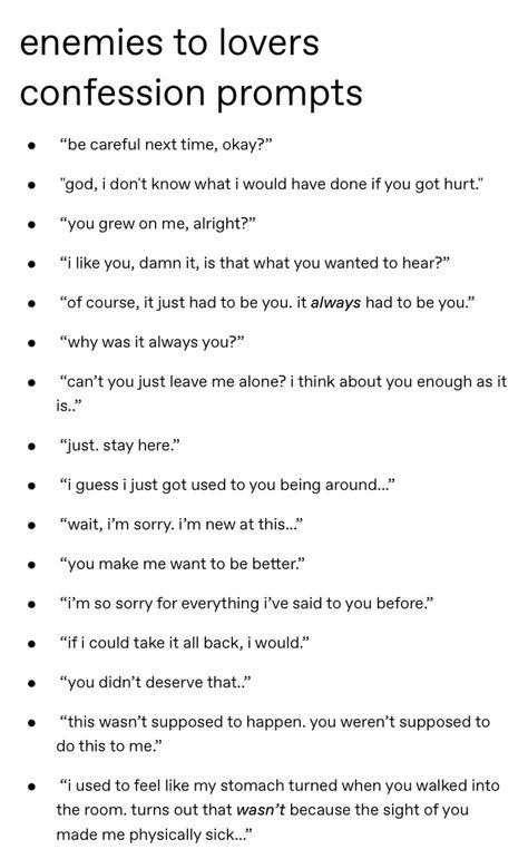 Ideas For Scenarios, Writing Prompts Confession, Writing Confession Scenes, How To Write A Confession Scene, Characters First Meeting Prompts, Story Prompts Enemies To Lovers Ideas, Book Characters Ideas Writers, Scenarios For Writing, Enemies To Lovers Confession