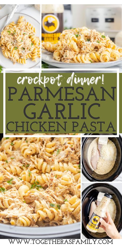 Crockpot Garlic Parmesan Chicken Pasta is an easy chicken pasta recipe that's perfect for those busy weeknights and something the whole family will love! This garlic chicken pasta recipe is a dump & go slow cooker dinner with easy ingredients like garlic parmesan sauce, parmesan cheese, cream cheese, chicken, and pasta. Bowtie Pasta Recipes Chicken Crockpot, Crockpot White Sauce Pasta Recipes, Crock Pot Chicken With Buffalo Wild Wing Sauce, Chicken Recipe With Buffalo Wild Wings Sauce, Buffalo Wild Wings Sauce Recipes Easy Crockpot Chicken, Crockpot Chicken Parmesan Recipe, Buffalo Wild Wing Parmesan Garlic Chicken Pasta Crock Pot, Chicken Pasta Sauce Crockpot, Crockpot Recipes Garlic Parmesan Chicken Pasta