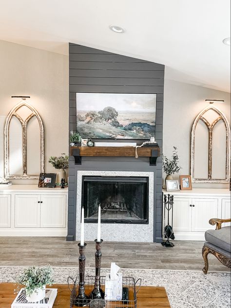 Chevron Fireplace Wall Shiplap, Fireplace Shiplap And Tile, Sage Green Shiplap Fireplace, Painted Shiplap Fireplace Wall, Peppercorn Fireplace, Grey Shiplap Fireplace, Painted Shiplap Fireplace, Shiplap And Stone Fireplace, City Homestead