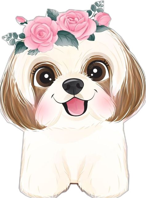 Shih tzu pequeno bonito com ilustração floral | Vetor Premium Floral Illustrations, Shih Tzu, Cute Art, Clip Art, Floral, Design, Art