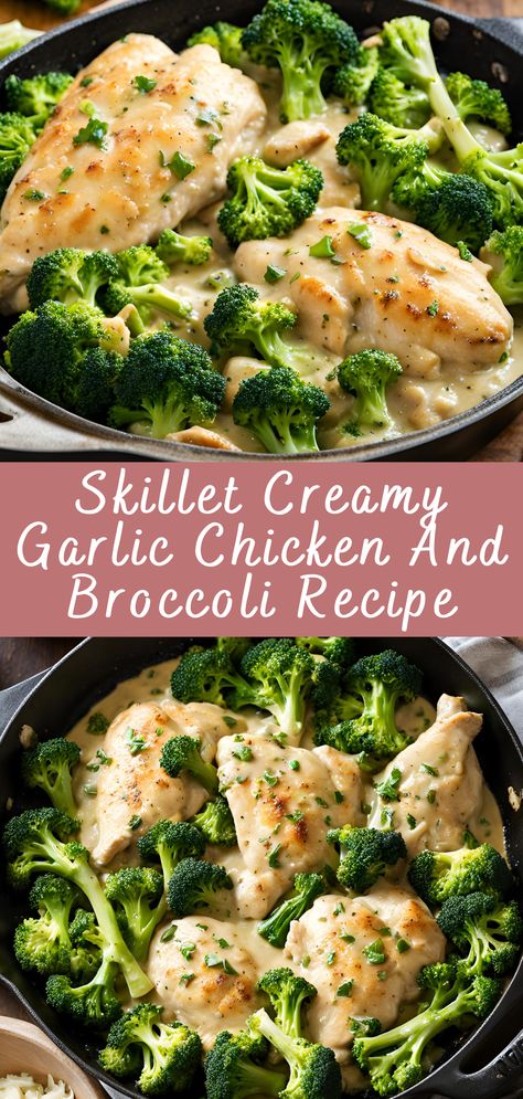 Skillet Creamy Garlic Chicken And Broccoli Recipe | Cheff Recipes Garlic Chicken And Broccoli, Broccoli Skillet, Garlic Sauce For Chicken, One Pot Chicken Recipes, Chicken Fresh, Creamy Garlic Chicken, Creamy Garlic Sauce, Pre Cooked Chicken, Broccoli Recipe