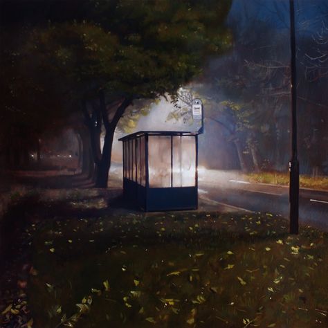 "Bus Stop", 2015 by Andy Cropper Oil on panel, •sold, 50cm x 50cm Print available after link tags - bus stop, night light. fog, road, street light, trees, #Sheffield #art, #oil, #oilpaint, #oilpainting, #acrylic, #acrylicpaint, #acrylicpainting, #paint, #painter, #painting, #artist, #landscape, #cityscape, #stilllife, #artwork, #panel, #realism, #realist, #representation, #representational, #photorealism, #photorealist, #night, #nocturne, #nightime, #urban, #city Street Trees Urban, Bus Stop Painting, Plastic Landscape Edging, Sheffield Art, Landscape Street, Backyard Layout, Front Yard Landscaping Diy, Landscape Tattoo, Street Trees