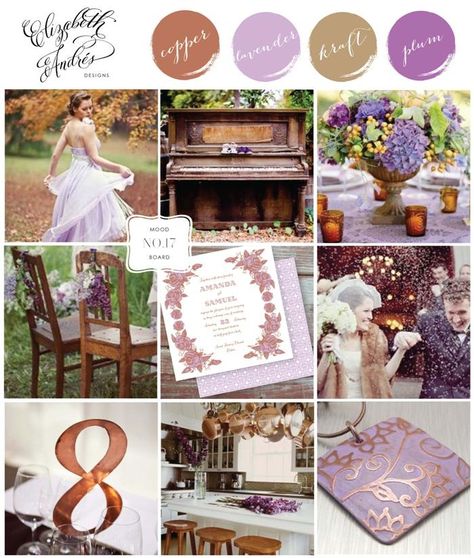 Copper, lavendar, kraft, plum Wedding Colour Schemes, Wedding Colors Fall, Choosing Wedding Colors, Bronze Wedding, Wedding Colour, Copper Wedding, Copper Accents, Wedding Theme Colors, Fall Wedding Colors