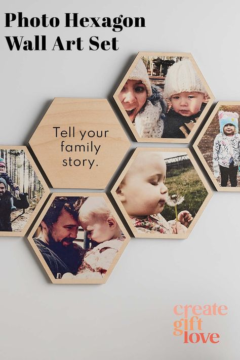 Diy Photo Gallery Wall, Photo Timeline Display, Hexagon Picture Wall, Hexagon Photo Wall, Wooden Hexagon Wall Decor, Creative Photo Display, Hexagon Photo Frame, Hexagon Wall Decor, Hexagon Wall Art