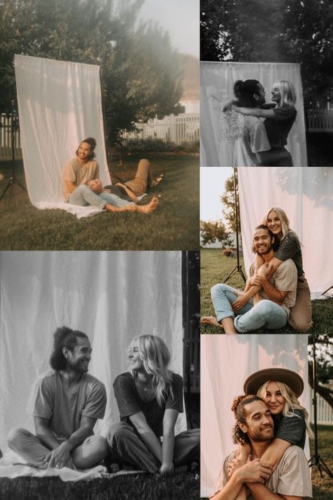 cutest backyard engagement session featuring a diy white sheet backdrop White Sheet Backdrop, Sheet Backdrop, Lake Photoshoot, Photoshoot Backdrops, Couple Engagement Pictures, Fall Mini Sessions, Family Photoshoot Outfits, Family Picture Poses, White Sheet