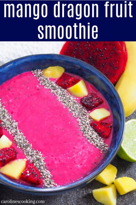 This mango and dragon fruit smoothie is so easy to make with deliciously fresh and tasty flavors. It's great as a snack, for breakfast or even dessert, especially as a smoothie bowl. It has no added sweetener and can easily be made dairy free by using non-dairy milk. #smoothie #dragonfruit Dragon Fruit Smoothie Recipe, Dragon Fruit Smoothie Bowl, Mango Smoothie Bowl, Dragon Fruit Smoothie, Milk Smoothie, Non-dairy Milk, Mango Smoothie, Smoothie Bowl, Dragon Fruit