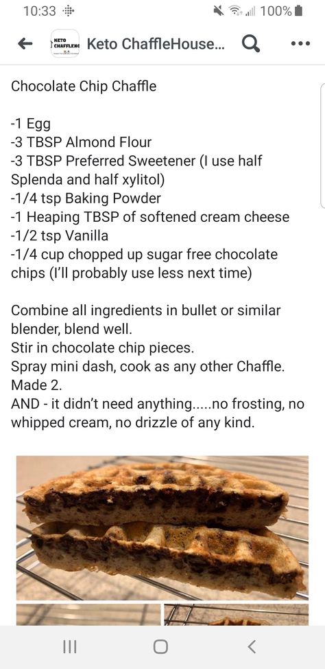 Dash Mini Waffles Recipe, Chocolate Chip Chaffle, Chocolate Chip Waffle Recipe, Chocolate Chip Waffle, Mini Waffle Recipe, Waffle Recipe, Sugar Free Chocolate Chips, Keto Sweets, Keto Ideas