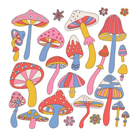 Posters Mushroom, 1960s Posters, Mushroom Paint, Rainbow Tattoos, Art Hippie, Mushroom Tattoos, Mushroom Drawing, Tattoo Illustration, Mushroom Design