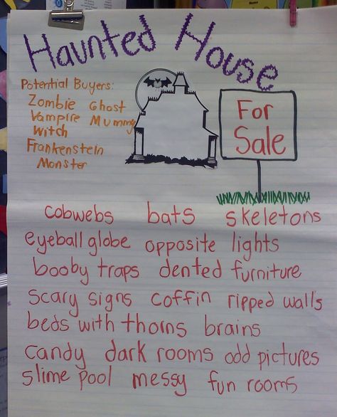 This teacher used my Haunted House for Sale writing packet with her class and shared her chart. :) Jodi from The Clutter-Free Classroom Haunted House For Sale, Haunted Houses For Sale, Second Grade Writing, Clutter Free Classroom, Pumpkin Books, October Activities, Halloween Writing, 3rd Grade Writing, 2nd Grade Writing