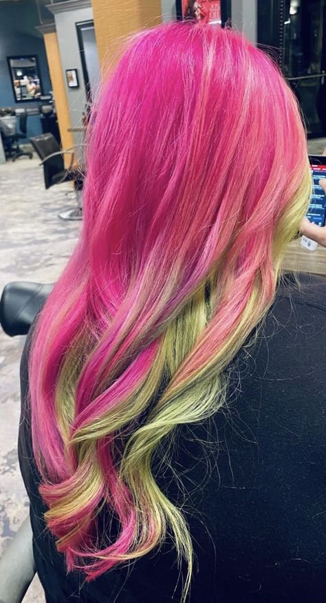 Jen used the colors of a watermelon to give me this pink and green hair! Perfect for spring! Green And Pink Hair Aesthetic, Pink To Green Ombre Hair, Green Hair With Pink Highlights, Pink Hair With Green Highlights, Pink Hair With Green Tips, Pink And Green Peekaboo Hair, Green To Pink Hair, Watermelon Hair Color, Pink And Green Hair Ideas