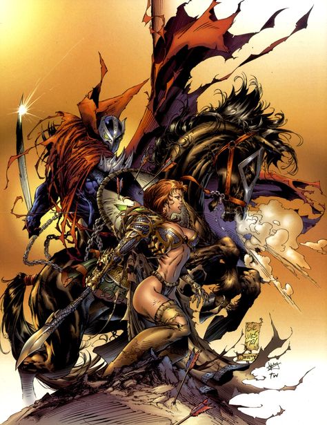 Medieval Spawn/Witchblade pin-up | Art by Marc Silvestri, Joe Weems & Tyson Wengler Medieval Spawn, Marc Silvestri, Spawn Comics, Michael Turner, Top Cow, Todd Mcfarlane, Comic Games, Image Comics, Comic Book Artists