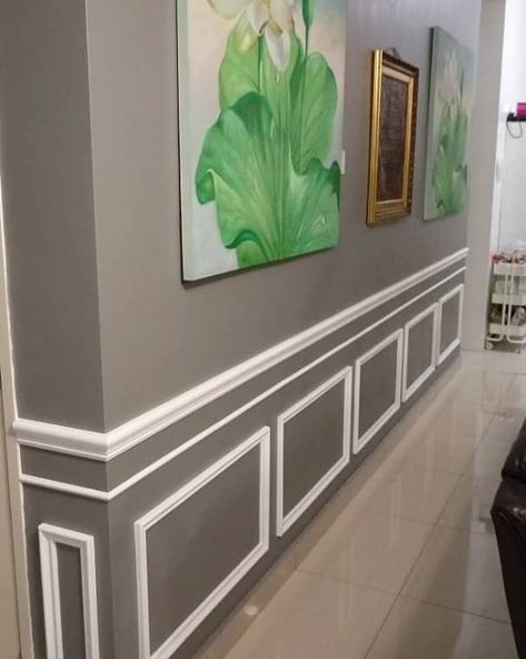 Half wall wainscoting  grey wall with white beading  corner lot double storey terrace Half Wall Wainscoting, Wall Wainscoting, Small Room Furniture, Valentine House, Rumah Teres, Hiasan Dalaman Rumah, White Wainscoting, Victorian Wall, Grey Wall