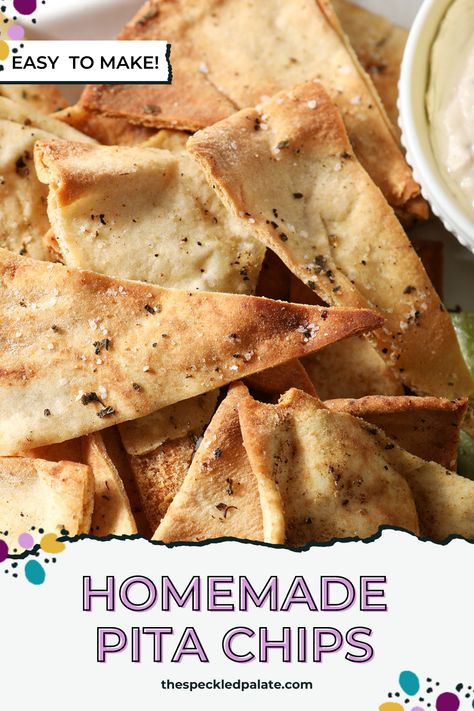 Homemade Baked Pita Chips are SO easy and delicious to make! You just need a handful of ingredients and about 20 minutes to make these baked chips. Pair them with your favorite hummus, tapenade, salad and more! #EasyEntertaining #SpeckledPalate Pita Bread Chips Recipes, Pita Chips From Pita Bread, How To Make Pita Chips From Pita Bread, Pita Chips Baked, Oven Baked Chips, Pita Chips Recipe, Baked Pita Chips, Homemade Pita Chips, Vegan Apps