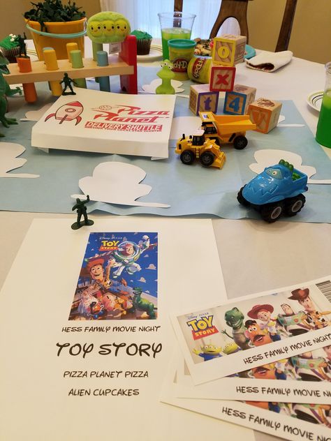 Toy Story Movie night Toy Story Movie Night, Themed Movie Night Ideas, Themed Movie Night, Disney Themed Movie Night, Night Decoration, Movie Night Ideas, Movie Night Decorations, Disney Dinner, Disney Movie Night