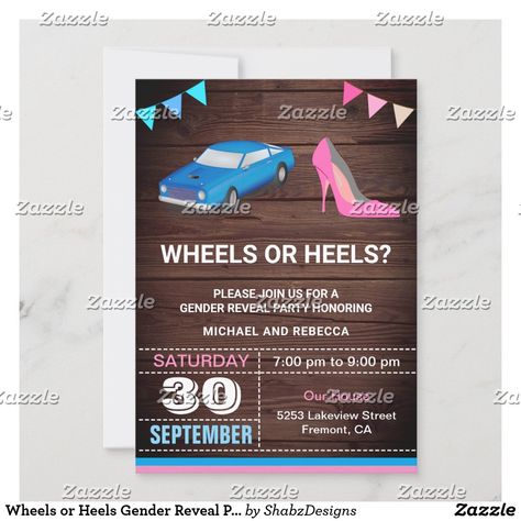 Wheels or Heels Gender Reveal Party Invitation Wheels Or Heels Gender Reveal, Twin Gender Reveal, Gender Reveal Party Invitations, Baby Gender Reveal Party, Baby Invitations, Gender Reveal Invitations, Baby Gender Reveal, Reveal Party, Baby Gender