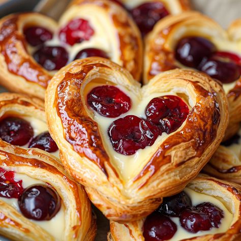 Cherry Cheese Danish Flaky Desserts, Devonshire Splits Recipe, Cute Cafe Food, Cherry Pastry Recipes, Valentine Food Ideas, Danish Coffee Cake, Cherry Sweets, Cherry Cheese Danish, Fruit Danish