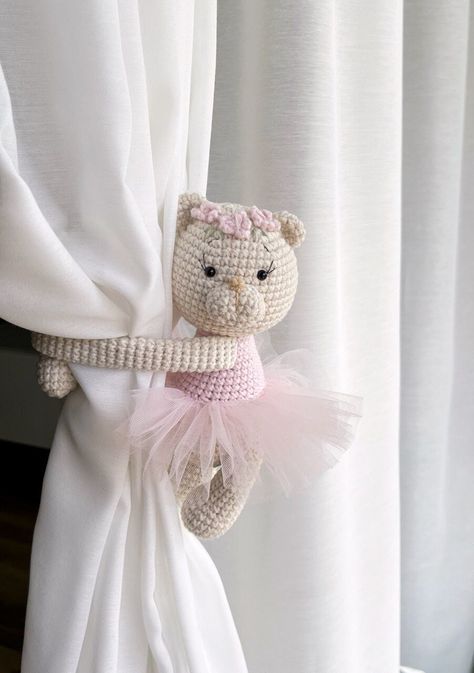 Pink ballerina bear curtain tie back is very beautiful thing for your child room or playroom. These will be perfect as a baby shower gift, as a birthday gift for girl or boy, nursery and home decor. Handmade gifts are more valuable because someone put effort and love heart to made them. I believe that my toys will make you more happy. If you buy one toy - please let me know in the message which side (left - right) the toy you need. MATERIAL: The bear made in crochet (hook) from yarn 50% cotton/5 Ballerina Room, Ballerina Bear, Ballerina Nursery, Bear Nursery Decor, Curtain Holdbacks, Bear Nursery, Nursery Room Inspiration, Pink Ballerina, Curtain Ties