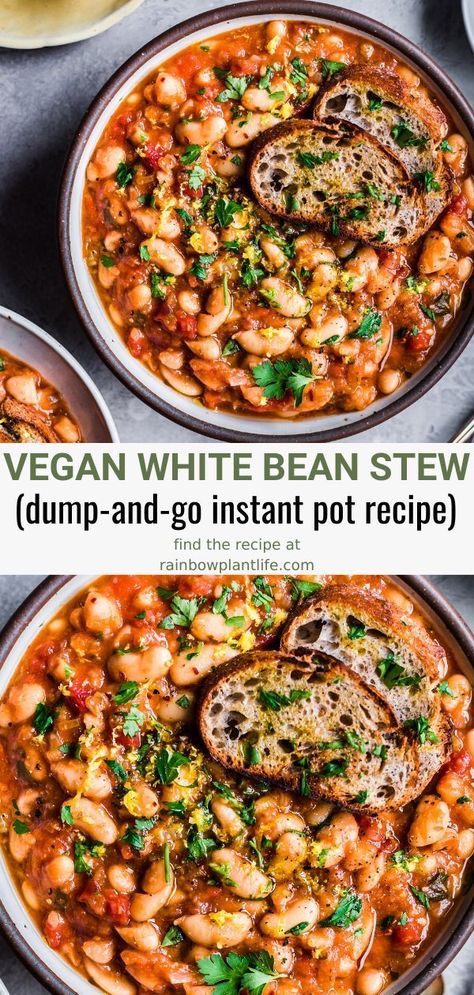 A dump-and-go Instant Pot recipe that couldn’t be simpler! This Instant Pot White Bean Stew is healthy, vegan, gluten-free, nut-free, soy-free and has no added oil. And it comes together with zero hands-on cooking! Vegan Crockpot Meals Easy, Gluten Free Vegan Crockpot Meals, Vegan Dinner One Pot, Instapot Beans Recipe, Vegan Soup Recipes Instant Pot, Easy Vegan Bean Recipes, Meat Free Soup Recipes, Easy Vegan Gluten Free Meals, Instant Pot Recipes Beans