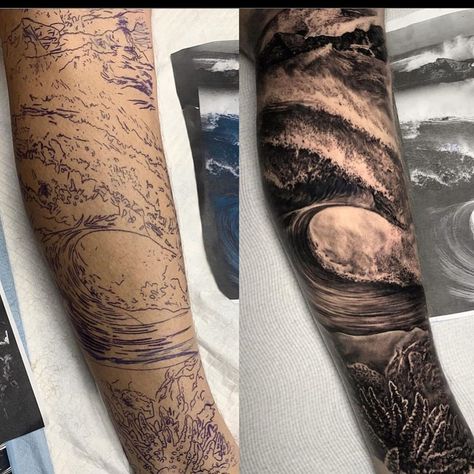 Wave Tattoo Sleeve, Sea Tattoo Sleeve, Scuba Tattoo, Ocean Wave Tattoo, Dm Tattoo, Leo Zodiac Tattoos, Half Sleeve Tattoos Forearm, Surf Tattoo, Cool Half Sleeve Tattoos