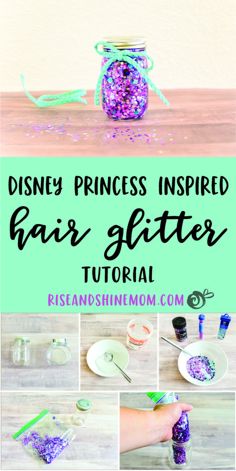 Disney Princess Inspired Hair Glitter Tutorial - Rise and Shine Mom Diy Glitter Hair Spray, Diy Hair Glitter How To Make, Diy Hair And Face Glitter, Softball Glitter Hair Gel Diy, Diy Glitter Gel For Hair, How To Make Hair Glitter Gel, Diy Glitter Hair Gel, Diy Hair Glitter Gel, Glitter In Hair