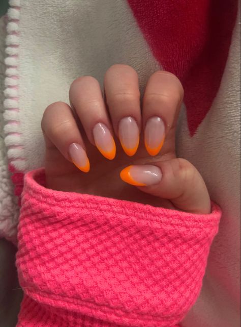 Neon Orange Summer Nails, Short Almond French Tip, Short Almond French, Orange Summer Nails, Orange French Tip, Almond French Tip, French Tip Gel, Nails Board, French Tip Gel Nails