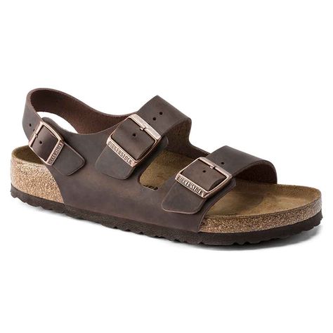 Built to go anywhere with you, these Birkenstock Milano Oiled Leather Sandals for Women in Habana have an adjustable ankle strap and two adjustable foot straps for a custom fit. Complete with nubuck leather uppers, leather lined footbeds, and a cork-latex footbed these sandals offer the highest quality. Slip these Birkenstocks on with any summer outfit, casual or athleisure! Features of Birkenstock Milano Oiled Leather Sandals for Women in Habana 34871: Birkenstock Style: 34871 Color: Habana Sli Birkenstock Style, Walking Sandals, Stylish Sandals, Zermatt, Birkenstock Milano, Reykjavik, Nubuck Leather, Wide Straps, Back Strap