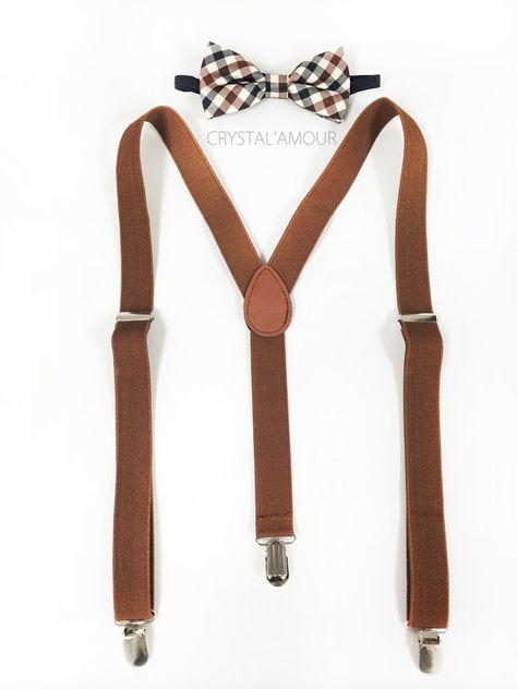 Vintage inspired men's suspenders and bowtie set - plaid bow tie with tan suspenders for ages 6+, barn wedding, barnyard birthday Tuxedo Wedding Suit, Barnyard Wedding, Men's Suspenders, Vintage Suspenders, Groomsmen Suspenders, Brown Suspenders, Brown Bow Tie, Tie Matching, Plaid Bow Tie