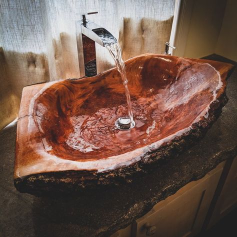 Chic Bohemian Decor, Bohemian Decor Bathroom, Log Decor, Wood Vessel, Wood Sink, Desain Furnitur Modern, Rustic Bathroom Designs, Wooden Log, Basin Design