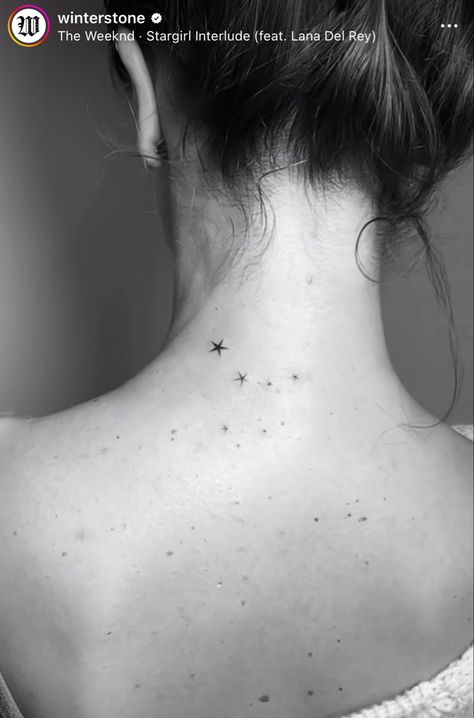 Back Star Tattoos For Women, Star Tattoos Neck, Stars On Back Tattoo, Star Tattoos Back, Small Hidden Tattoo, 8 Point Star Tattoo, Constellation Back Tattoo, Stars Spine Tattoo, Stars Back Tattoo