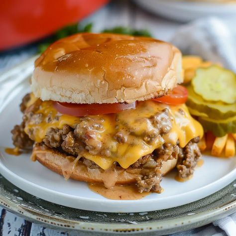 Crockpot Cheeseburgers Crockpot Cheeseburger Sandwiches, Slow Cooker Burger Recipes Ground Beef, Slow Cooker Burgers, Crock Pot Burgers, Burgers In Crockpot, Crockpot Sliders Recipes, Crockpot Burger Recipes, Hamburger Crock Pot Recipes, Crockpot Burgers