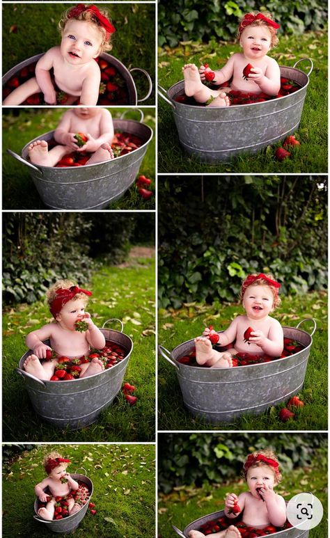 Strawberry First Birthday Pictures, Berry First Birthday Photoshoot, Berry First Birthday Cake Smash, Berry Photoshoot, Strawberry Photo, Bath Photography, 1st Birthday Pictures, Strawberry Birthday, First Birthday Pictures