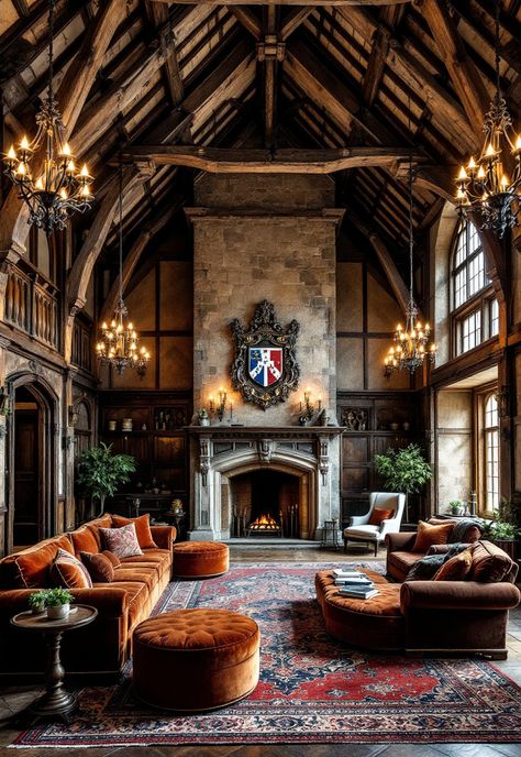 Old Money Living Room British Manor Houses Interior, Decorating Tall Walls High Ceilings, Modern Castle Interior, Old English Living Room, Chinese Interior Design Modern, Castle Living Room, English Manor Interior, Old Money Homes, Old Money Living Room