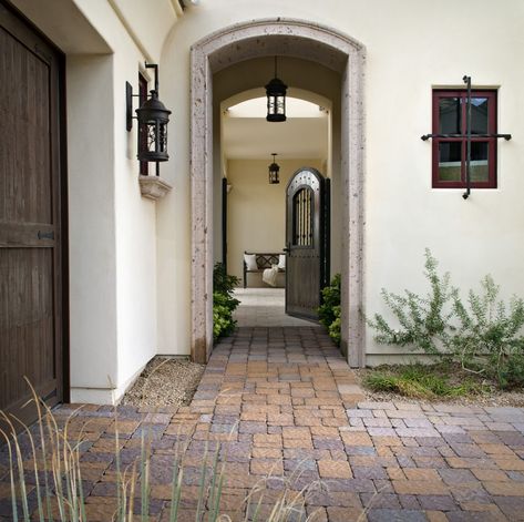 Paving Stones Walkway, Spanish Homes, Modern Driveway, Front Door Color, Stone Porches, Spanish Colonial Homes, Walled Courtyard, Hacienda Style Homes, Driveway Design