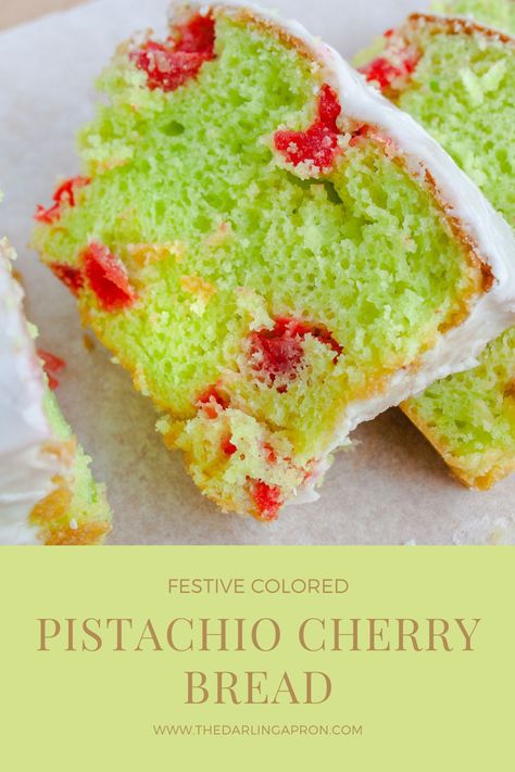 Beefalo Recipes, Pistachio Cherry Bread, Cherry Pistachio Cake Loaf, Christmas Pistachio Dessert, Grinch Bread Loaf, Pistachio Bread With Box Cake, Pistachio Cherry Cake, Christmas Loaf Bread, Pistachio Pudding Bread