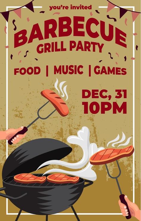 BBQ Grill Party Poster Grill Graphic Design, Bbq Poster, Hot Dog Party, Bbq Fish, Grilling Menu, Grill Party, Fish And Chicken, Party Invite Design, Poster Drawing