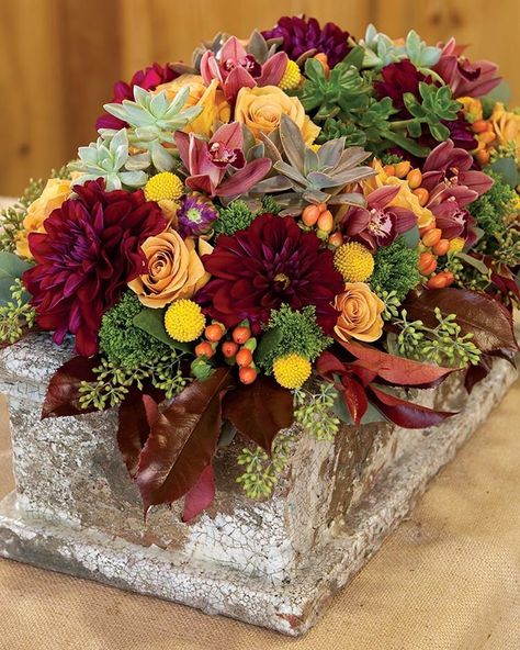 fall arrangement Fall Memorial Flowers, Cornucopia Centerpiece, Fall Floral Centerpieces, Succulent Display, Thanksgiving Floral, Modern Flowers, Fall Flower Arrangements, Southern Kitchens, Fall Floral Arrangements