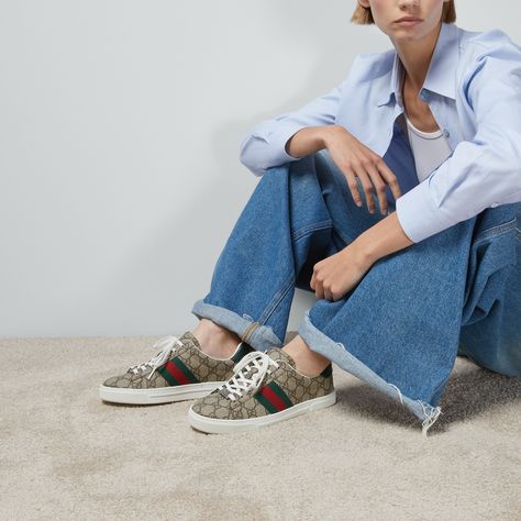 Gucci - Women's Gucci Ace sneaker with Web Gucci White Sneakers, Gucci Sneakers Outfit, Gucci Ace Sneakers, Stone Island Clothing, Web Detail, Valentino Clothing, Womens Footwear, Metal Tag, Gucci Sneakers