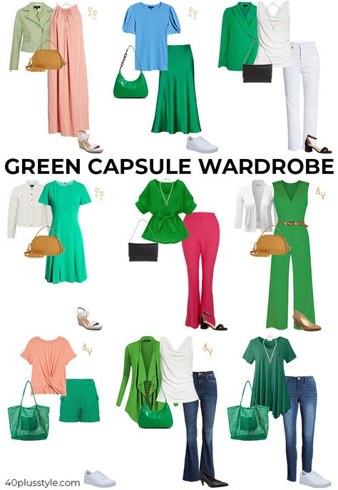 What Colors Go With Green, Green Capsule Wardrobe, Green Clothes, Green Color Combinations, Green Clothing, Color Combinations For Clothes, Fashion Vocabulary, Wear Green, Green Outfit