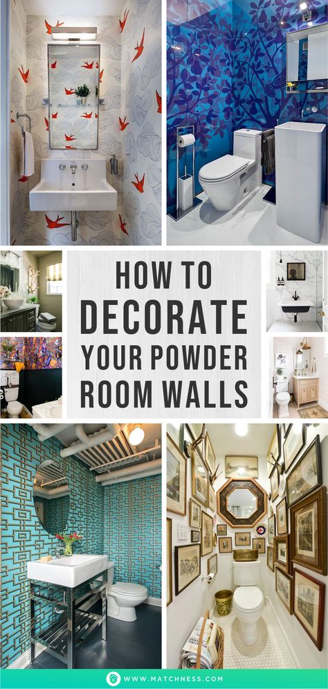 How to Decorate Your Powder Room Walls - Matchness.com Small Powder Room Ideas Elegant Modern, Decorating A Powder Room, Small Powder Room Ideas Elegant, Funky Powder Room Ideas, Powder Room Wall Decor Ideas, Narrow Powder Room Ideas, Tiny Powder Room Ideas Modern, Narrow Powder Room, Small Powder Room Ideas Narrow