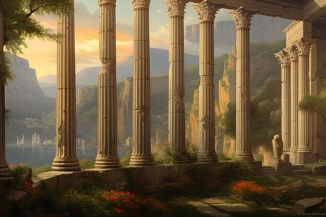 Greek Mythology Background Landscape, Ancient Greek Background, Greek Mythology Background, Mythology Background, Roman Empire Aesthetic, Greek Scenery, Greek Dnd, Desert Kingdom, Empire Aesthetic